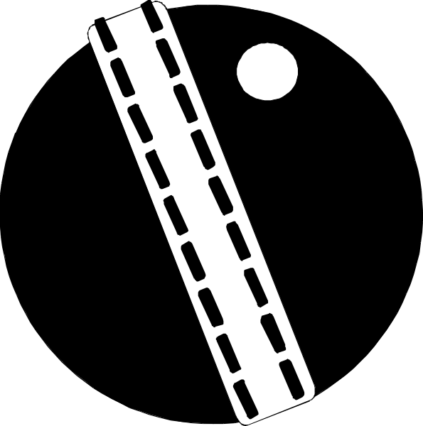 The black and white silhouette of a person holding an umbrella over their head while standing on top of what appears to be a train track with wheels in motion beneath them.