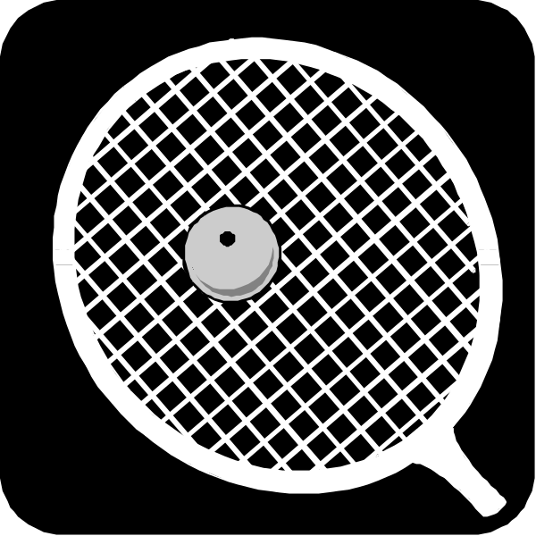 The black and white illustration shows a tennis racket with an attached circular netting inside it, placed on top of what appears to be a round object resembling a badminton shuttlecock in mid-air against a dark background.
