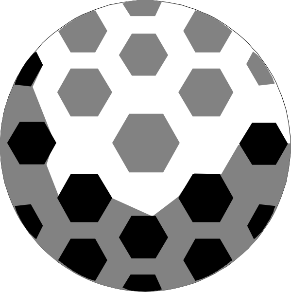 The black and white silhouette of a soccer ball with hexagonal patterns on it against an oval background that resembles another similar object in front of it.