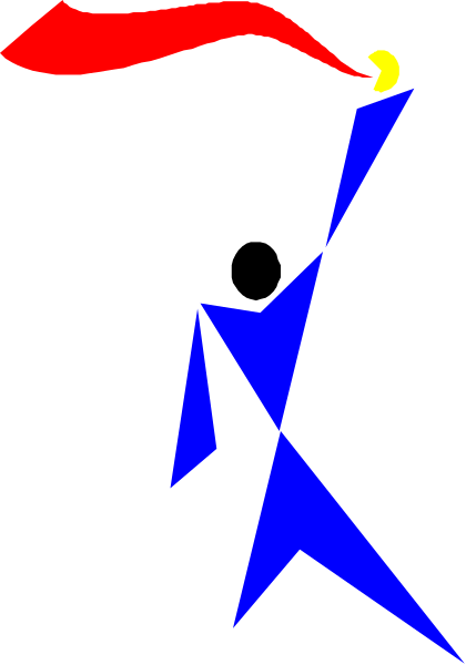The image shows a stylized figure of an athlete running with their arms outstretched against a black background.