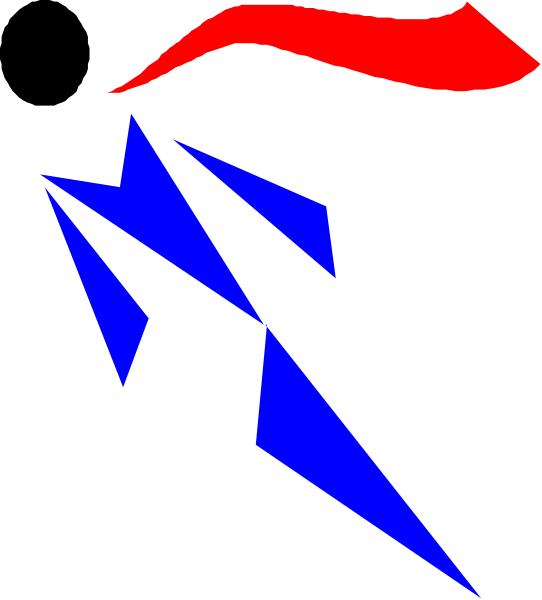 The image shows a stylized graphic of an abstract design with geometric shapes resembling wings on either side of what appears to be a face in red tones against blue backgrounds.