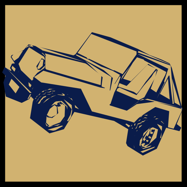 The image shows a black and white line drawing of an offroad vehicle with large wheels on top of what appears to be sandy terrain in one panel, transitioning into two panels showing different angles of the same scene without any text present.