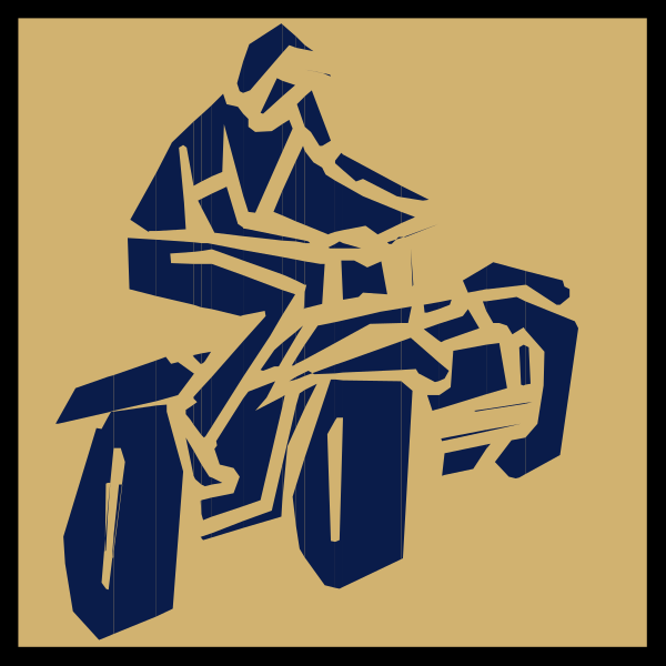 The image shows a black and white silhouette of an adult riding on top of a motorcycle with two wheels visible in front view.