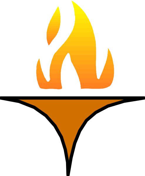 The image shows a stylized graphic of an orange flame with yellow highlights on top against a black background inside what appears to be a candle holder shape.