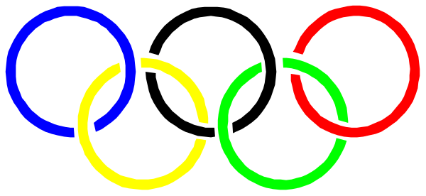 The image shows a graphic of Olympic rings with each ring containing three interconnected circles: red for first place, white for second, blue for third, yellow for fourth, black for fifth, green for sixth, pink for seventh, and purple for eighth; all set against a gray background.