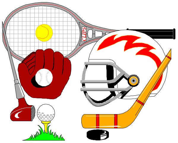 The image shows a collection of sports equipment including tennis rackets, golf clubs, baseball gloves, soccer balls, footballs, hockey sticks with pucks on them, and other related items arranged in an organized manner against a black background.