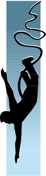 The image shows a black silhouette of an acrobat performing on what appears to be a tight rope between two poles with blue sky in background.