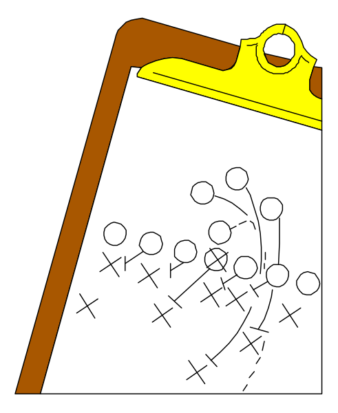 The image shows a blackboard with white chalk writing that appears to be handwriting of football plays on it; there is also an eraser attached by its handle at top right corner.