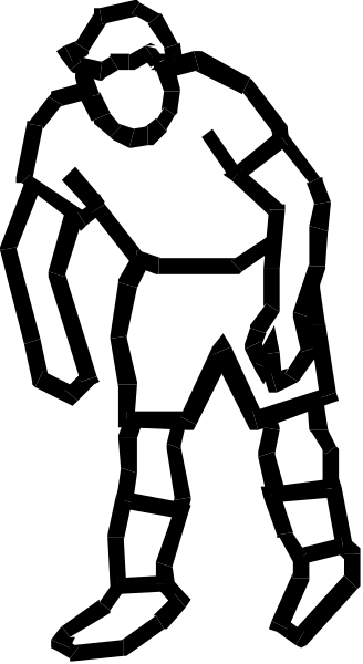 The black and white silhouette of a person holding an object that resembles a baseball bat over their shoulder while standing on one leg with another foot raised in front.