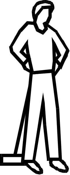 The image shows a black silhouette of an adult male figure standing upright against a white background with his arms at sides; he is wearing pants that end just above knee level.