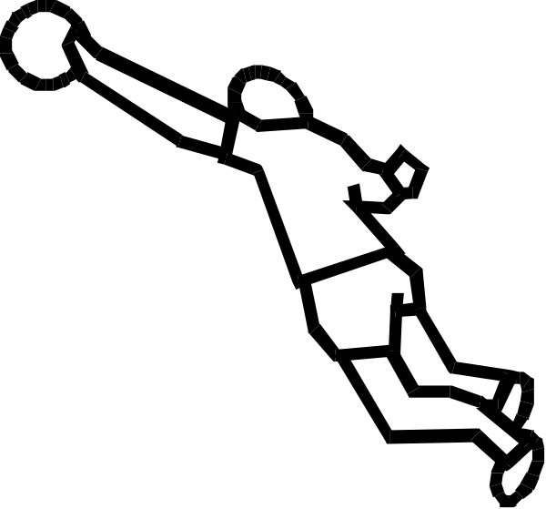 The black and white silhouette of a person leaping to catch an object with their right hand extended forward.