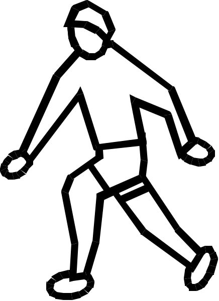 The black and white silhouette of a person walking with their arms outstretched on either side, resembling running in motion against a dark background.