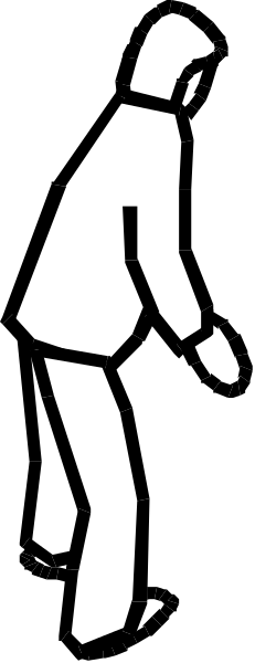 The black and white silhouette of a person walking on an escalator with their arms outstretched for balance.