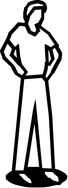 The black and white silhouette of a person standing against two vertical lines on what appears to be an abstract background with diagonal stripes in shades of gray.