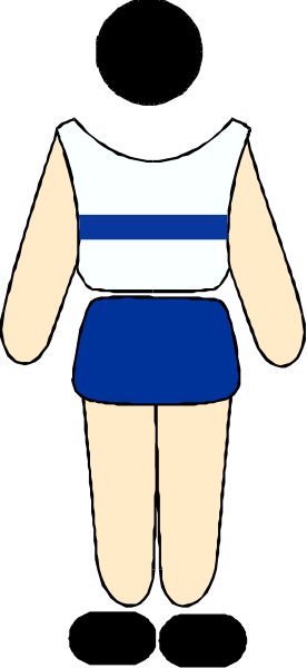 The image shows a cartoon of an animated female figure wearing shorts with blue stripes on them standing against a gray background; she has short hair and is holding what appears to be a small object in her right hand, which could possibly represent a phone or remote control due to its shape but it's not clear.