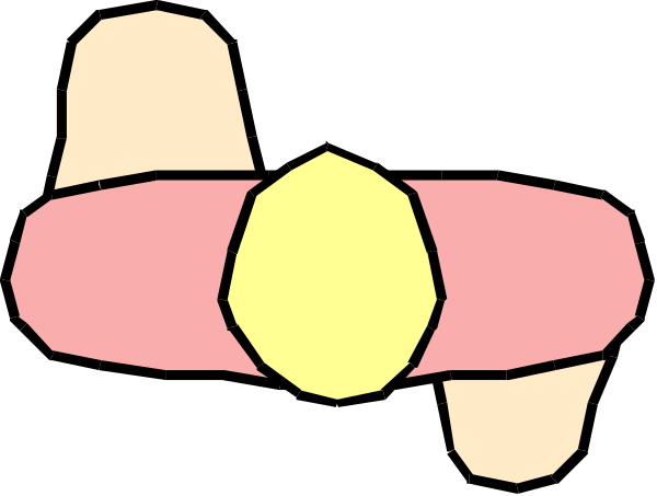The image shows a simple drawing of two pink shapes with yellow interiors that resemble flowers against a black background.