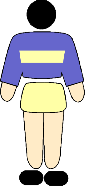 The image shows a stylized cartoon of an animated female character with blue hair wearing yellow shorts standing against a black background on what appears to be a sidewalk next to some grassy area.