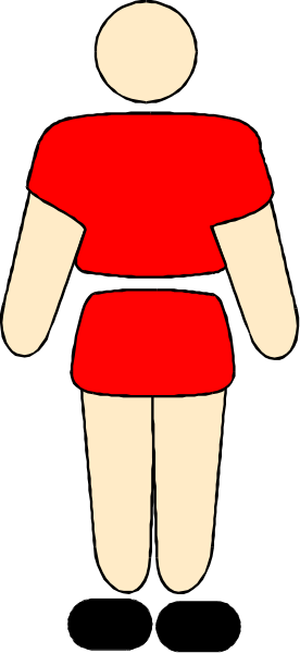 The image shows a black silhouette of an iconic female figure with red shorts on her waist against a gray background; she is depicted in profile facing left while standing next to what appears to be a vertical line, possibly representing a door frame or window sill.