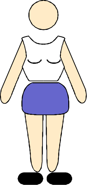 The image shows a stick figure of a person standing next to an icon representing a woman's skirt with legs crossed at the knees in front of it.