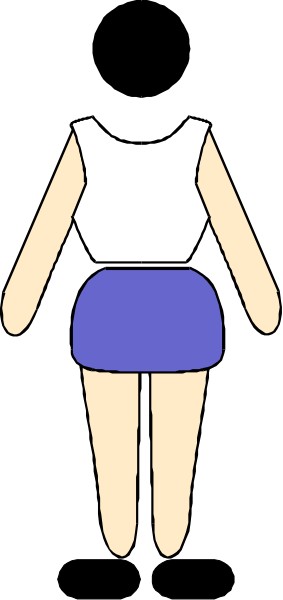 The image shows a simple line drawing of an animated female figure with blue hair standing next to what appears to be a blackboard background featuring chalk-like lines.