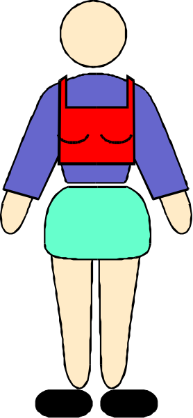 The image shows a cartoon of an animated female figure with blue hair standing against a black background; she is wearing a red top over her shoulders and has short sleeves on each arm.