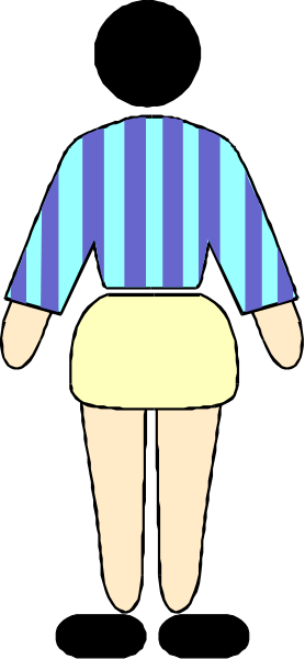 The image shows a cartoon of an animated female figure with blue hair standing on top of what appears to be a black surface against a white background; she is wearing shorts and has her back turned towards us as if walking away from something in front of which we can see only one leg, suggesting the presence of another object or person.