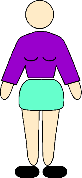 The image shows a stick figure of an adult female standing on top of what appears to be a skateboard with wheels visible beneath her feet; she is wearing shorts that end just above her knees and has one hand resting atop her hip while looking downward, possibly towards something not shown in the frame.