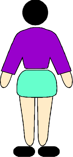 The image shows a cartoon of an avatar with purple hair standing on top of another figure that appears to be wearing shorts in shades of blue-green; both figures stand against a black background.
