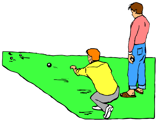 The illustration shows two animated characters playing bowling on a green surface with three pins visible; both individuals appear to be young men wearing casual clothing: one is crouched down while throwing balls towards the pins, and another stands behind him observing or waiting for his turn.
