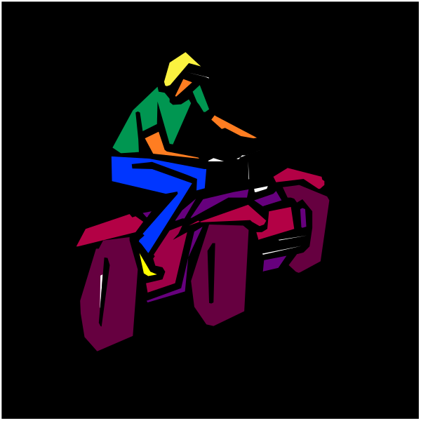 The image shows a colorful cartoon of an adult riding on top of a four wheeler vehicle with two wheels visible in front against a black background.