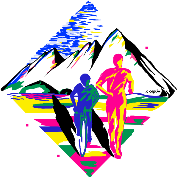 The image shows a colorful pixelated representation of two figures walking on what appears to be an outdoor path with mountains in the background; there is no text present within this small clip-art image.