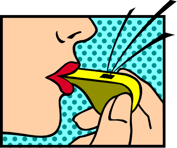 The image shows a comic strip with two panels: In the top panel, there is an illustration of a woman's face in close-up; she appears to be blowing bubbles from her mouth into another person's open hand below it. Below this action shot, we see that object being blown on by the bubble gum has been transformed into a yellow megaphone or bullhorn with two speakers at either end of its handlebars. The bottom panel shows an extreme close-up view of someone holding and using one half of the same type of device to amplify their voice;