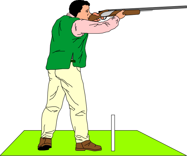 The illustration shows a man holding a rifle on his shoulder while standing atop what appears to be an elevated platform with green grass below him in front of a dark background.