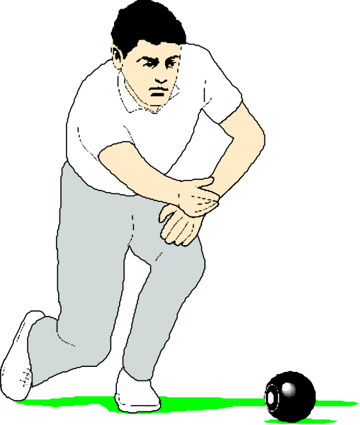 The illustration shows a man playing bowling on an indoor court with three pins visible at various distances from him; he is wearing white pants and shoes while holding two fingers up to his head as if in concentration, suggesting that this might be a moment of decision or strategy before throwing the ball towards one pin.