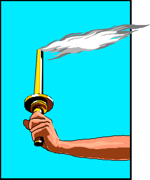 The image shows a hand holding an object that resembles a torch with smoke coming out of it against a blue background; there is no text present in this clip-art illustration.