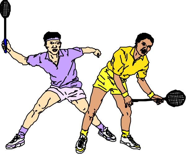 The image depicts three tennis players on a court with rackets; two of them appear to be serving while another is ready for return play.