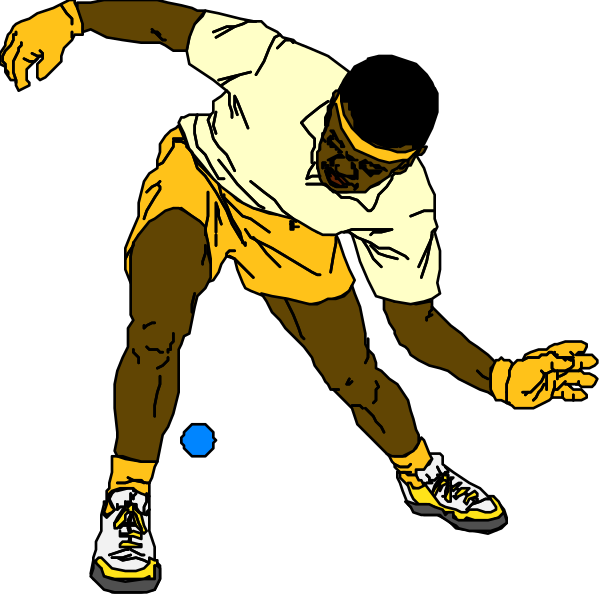 The image shows a cartoon of an animated tennis player wearing yellow shorts on a black background with white lines indicating boundaries for playing table tennis.