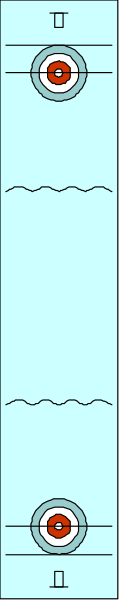 The image shows a vertical strip with two horizontal lines at its top corners; there is an object that resembles a red circle on one of these upper lines nearer to us than the other line.