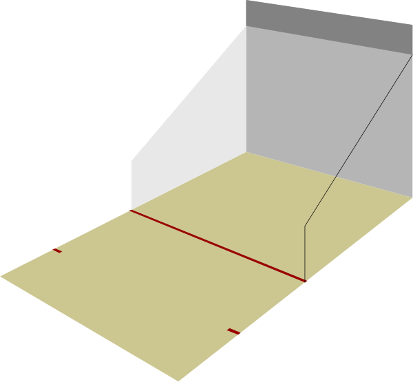The image shows a simple black and white diagram of an indoor volleyball court with boundary lines drawn on it to represent dimensions for construction purposes.
