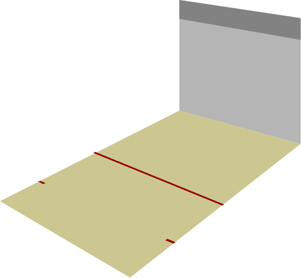 The image shows a black and white diagram of an indoor volleyball court with boundary lines drawn on it to represent dimensions for construction purposes.