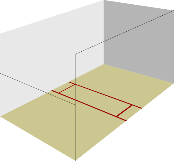 The images show a sequence of two diagrams illustrating an object's movement through space: 1) A white wireframe cube with red lines indicating its path; 2) An isometric view showing the same trajectory in three dimensions, emphasizing depth and perspective within the enclosed area. There are no objects or people present in these images. The setting appears to be a simple geometric representation of an indoor space without any additional context provided by background elements. No actions can be confidently determined from this image alone as it is purely illustrative with minimal detail beyond its basic shapes and