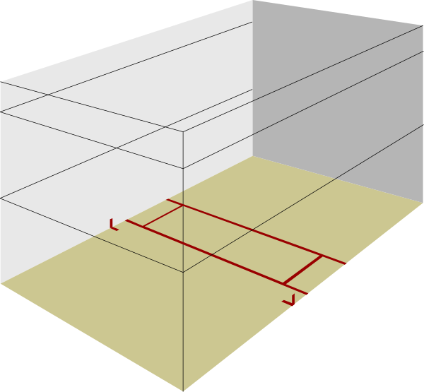 The image shows two diagrams of a floor plan with red lines indicating measurements for construction purposes; it is set against white backgrounds in both instances.