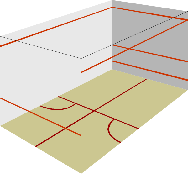 The image shows a floor plan of an indoor basketball court with red lines indicating boundaries for different areas such as free throw line, three point arc, key area, etc., in black-and-white format against white background.