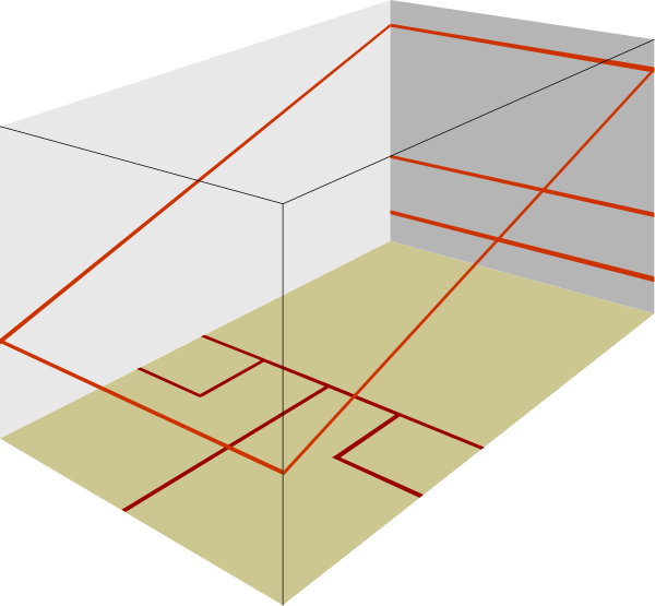 The image shows a floor plan of an interior space with walls marked by red lines indicating measurements for construction purposes; it is in black-and-white format without any additional context provided about objects within the room or their actions, and there's no indication that people, animals, or specific settings are present.