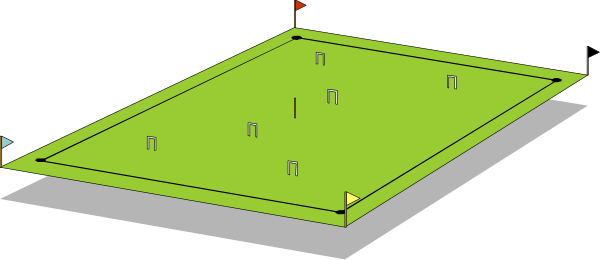 The image shows a black and white top down view of an indoor golf course with multiple holes marked by small flags on tees.