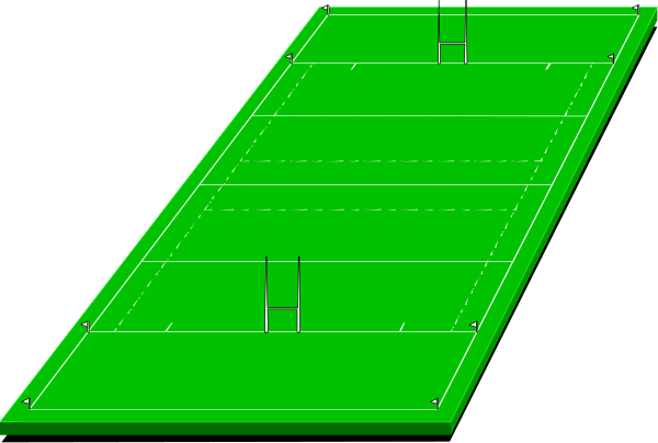 The image shows a green tennis court with white lines marking boundaries for play on it.