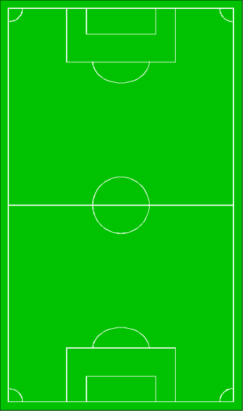 The image shows a soccer field with green grass on top of it, marked by white lines to define boundaries for play.