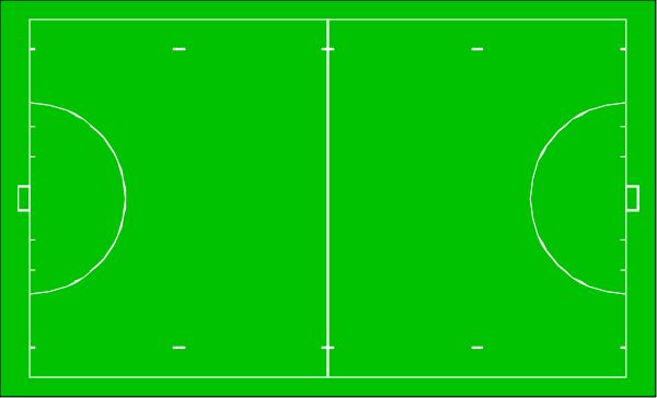 The image shows a green field with white lines marking out an area that resembles a soccer goalie's box on top of it is drawn in black ink to represent a hockey rink layout including face-off circles, blue and red zones, center ice line, bluelines, and the neutral zone.