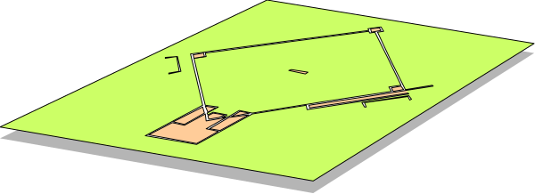 The image shows a simple black and white line drawing of an outdoor scene with two rectangles representing buildings on top of each other in front of what appears to be grassy areas, possibly fields or lawns; there is also one small rectangle that could represent another object atop these larger ones.