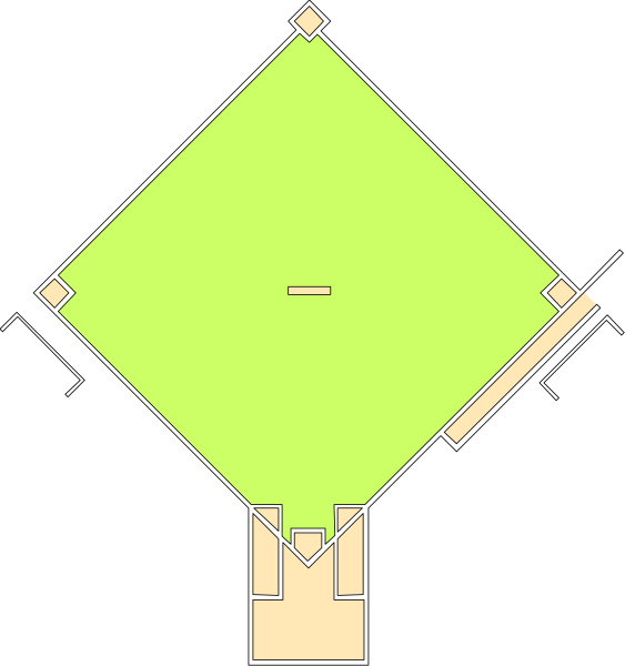 The image shows a top view of two baseball fields with different layouts: on the left is an oval field with bases at each corner; on the right is another diamond-shaped field also featuring four corners but without any visible base paths, and both have green playing areas outlined in white lines against black background.